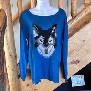 Love By Design Teal Blue Sweater with Wolf Motif / Large